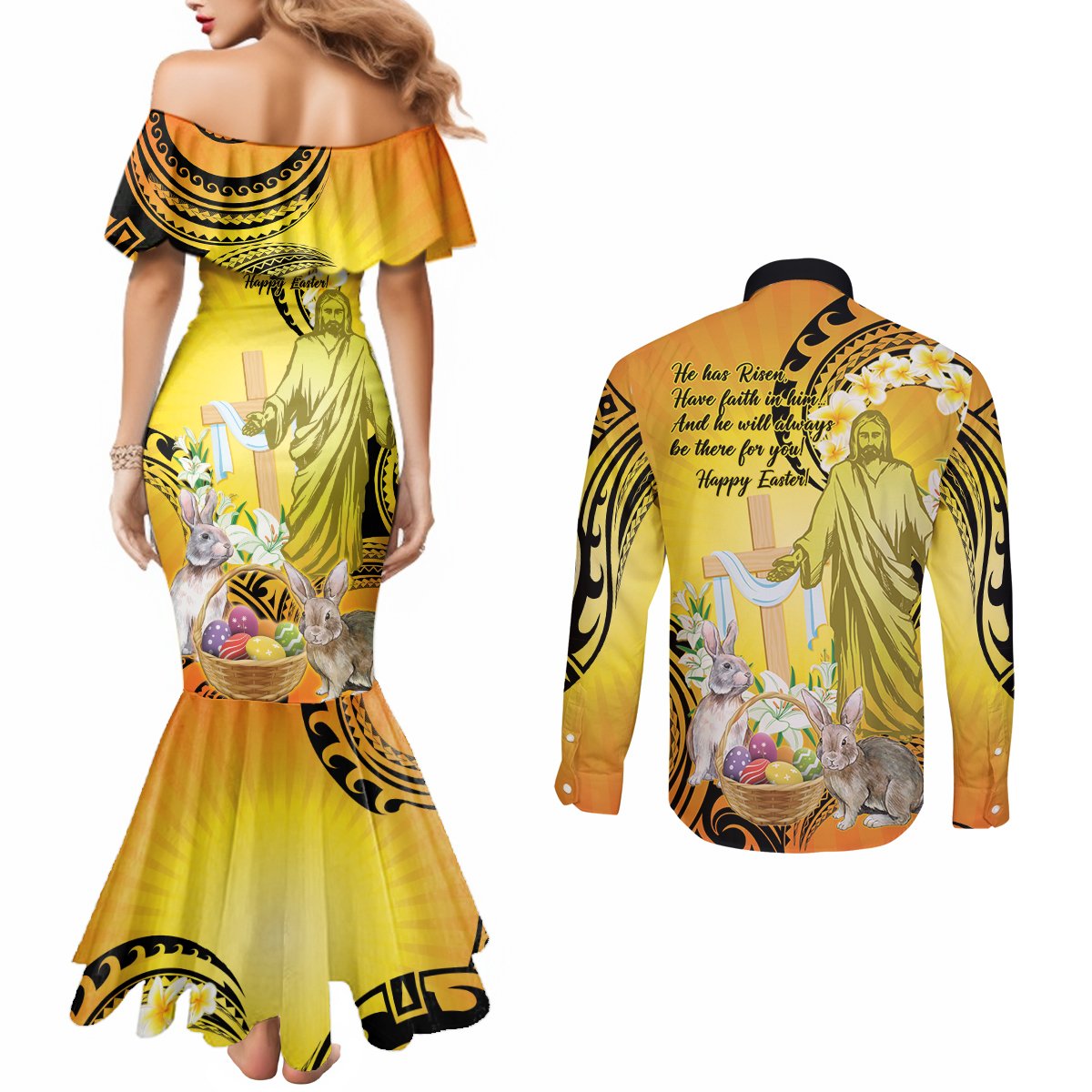 Polynesia Easter Day Couples Matching Mermaid Dress and Long Sleeve Button Shirt He Is Risen Lilium Longiflorum Polynesian Pattern
