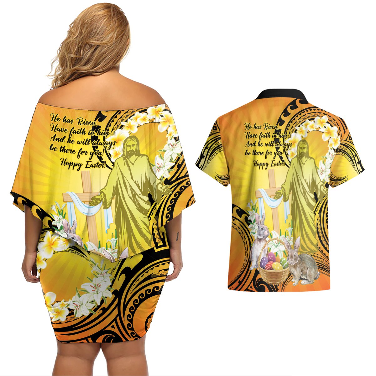 Polynesia Easter Day Couples Matching Off Shoulder Short Dress and Hawaiian Shirt He Is Risen Lilium Longiflorum Polynesian Pattern