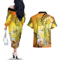 Polynesia Easter Day Couples Matching Off The Shoulder Long Sleeve Dress and Hawaiian Shirt He Is Risen Lilium Longiflorum Polynesian Pattern