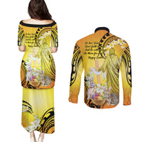 Polynesia Easter Day Couples Matching Puletasi and Long Sleeve Button Shirt He Is Risen Lilium Longiflorum Polynesian Pattern