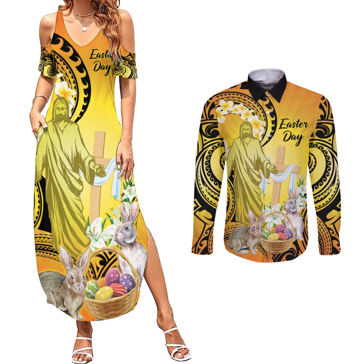 Polynesia Easter Day Couples Matching Summer Maxi Dress and Long Sleeve Button Shirt He Is Risen Lilium Longiflorum Polynesian Pattern