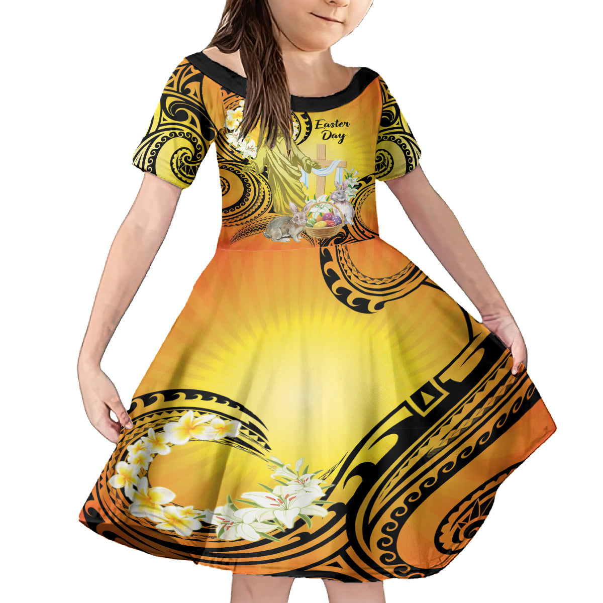 Polynesia Easter Day Family Matching Long Sleeve Bodycon Dress and Hawaiian Shirt He Is Risen Lilium Longiflorum Polynesian Pattern LT14 Daughter's Dress Gold - Polynesian Pride