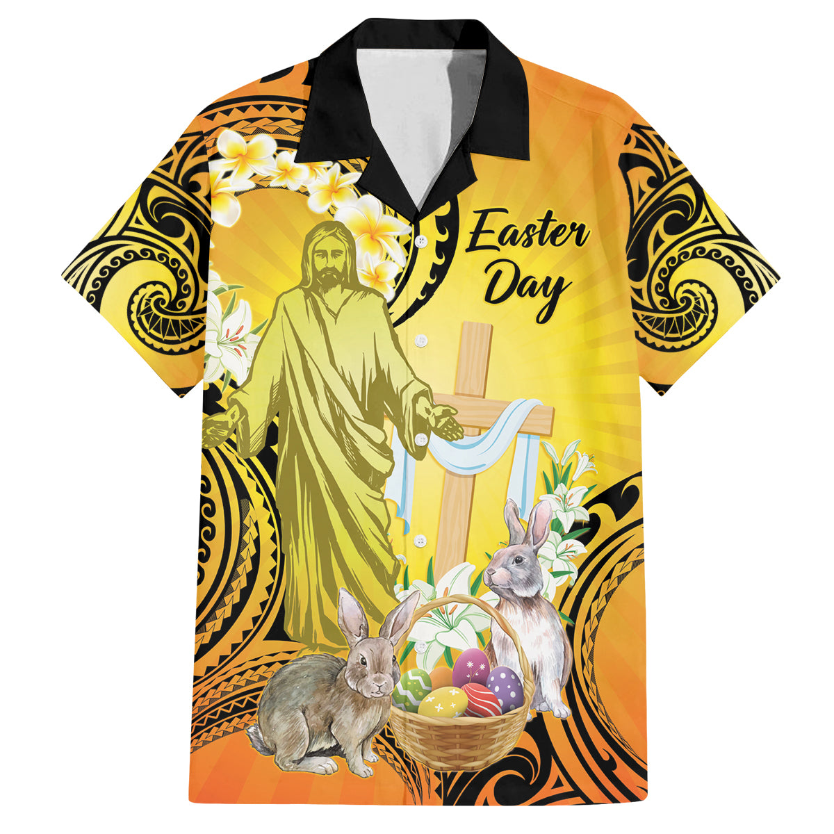 Polynesia Easter Day Family Matching Long Sleeve Bodycon Dress and Hawaiian Shirt He Is Risen Lilium Longiflorum Polynesian Pattern LT14 Dad's Shirt - Short Sleeve Gold - Polynesian Pride