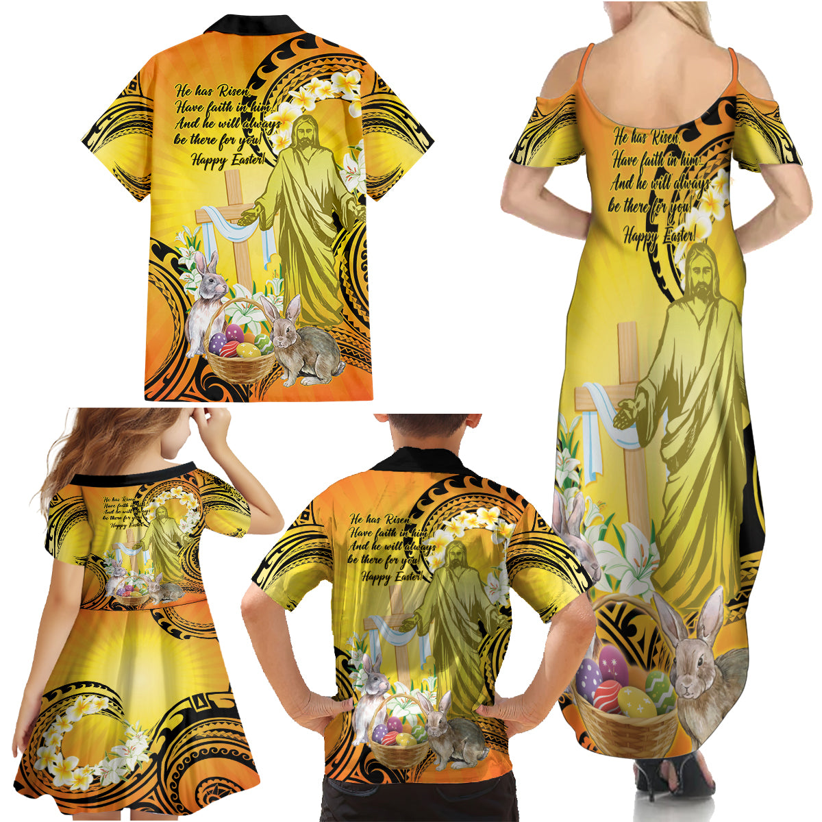 Polynesia Easter Day Family Matching Summer Maxi Dress and Hawaiian Shirt He Is Risen Lilium Longiflorum Polynesian Pattern