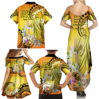 Polynesia Easter Day Family Matching Summer Maxi Dress and Hawaiian Shirt He Is Risen Lilium Longiflorum Polynesian Pattern