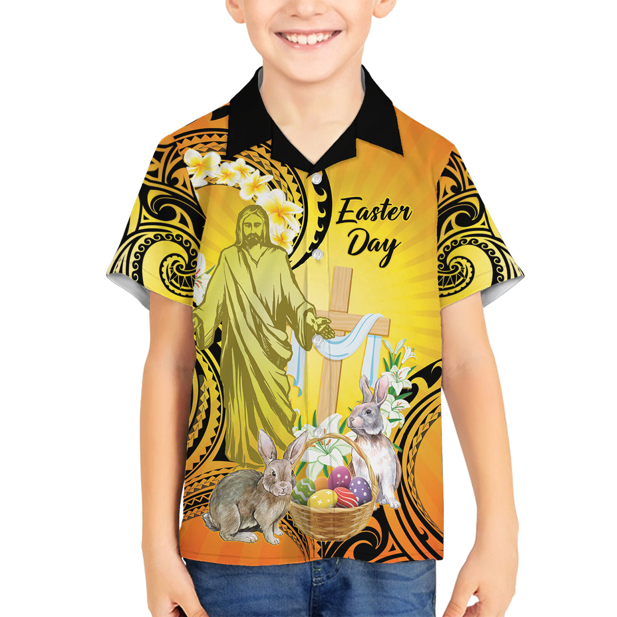 Polynesia Easter Day Family Matching Tank Maxi Dress and Hawaiian Shirt He Is Risen Lilium Longiflorum Polynesian Pattern LT14 Son's Shirt Gold - Polynesian Pride
