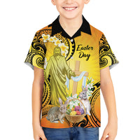 Polynesia Easter Day Family Matching Tank Maxi Dress and Hawaiian Shirt He Is Risen Lilium Longiflorum Polynesian Pattern LT14 Son's Shirt Gold - Polynesian Pride