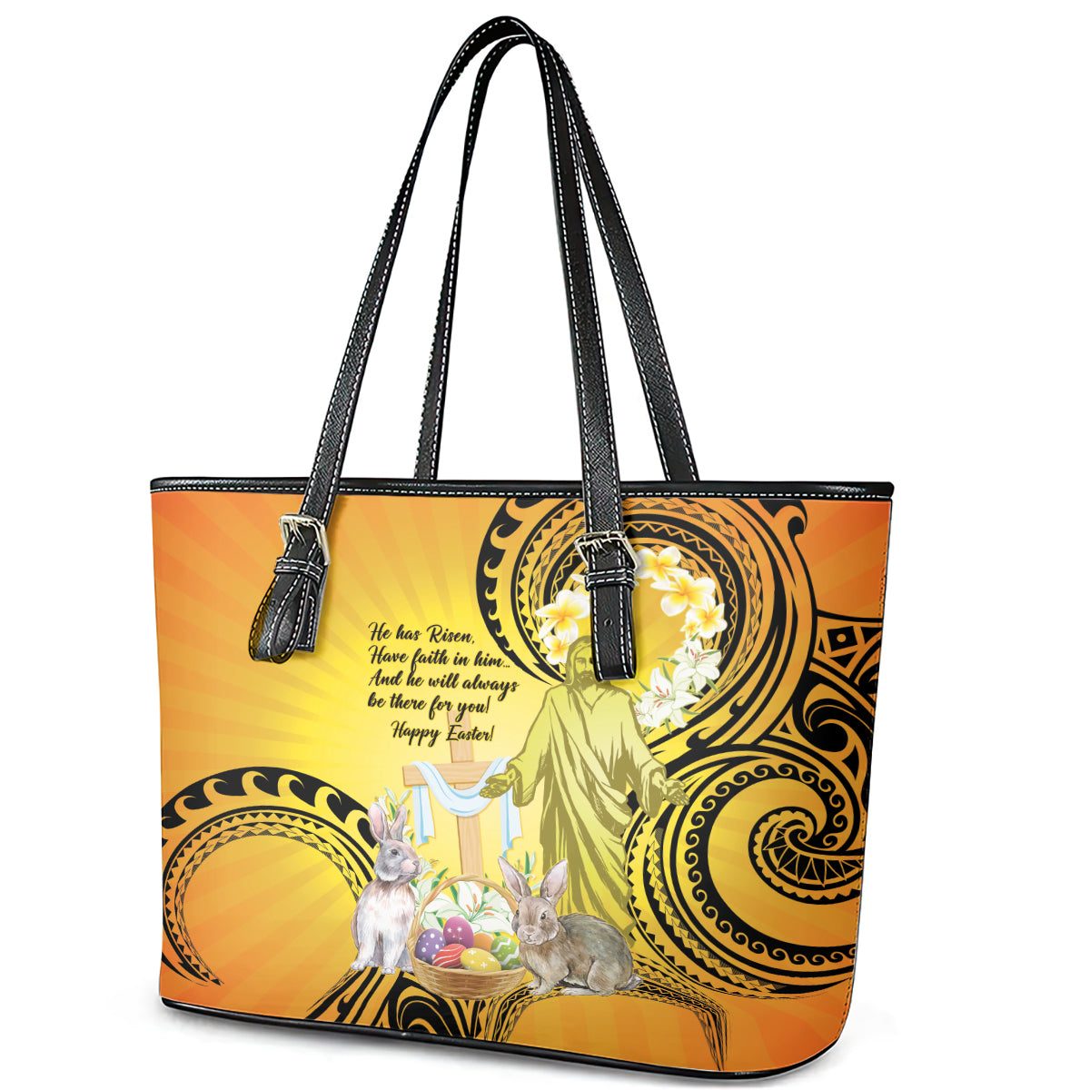 Polynesia Easter Day Leather Tote Bag He Is Risen Lilium Longiflorum Polynesian Pattern