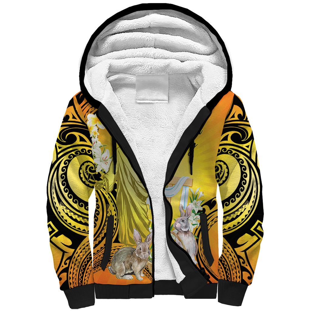 Polynesia Easter Day Sherpa Hoodie He Is Risen Lilium Longiflorum Polynesian Pattern