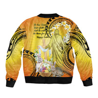Polynesia Easter Day Sleeve Zip Bomber Jacket He Is Risen Lilium Longiflorum Polynesian Pattern