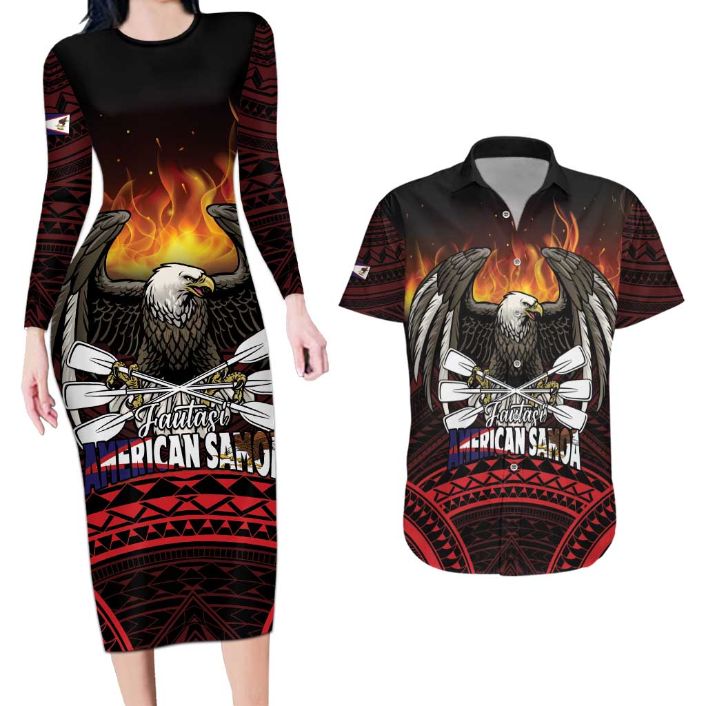 Fautasi Race Day American Samoa Couples Matching Long Sleeve Bodycon Dress and Hawaiian Shirt Bald Eagle Polynesian Tattoo