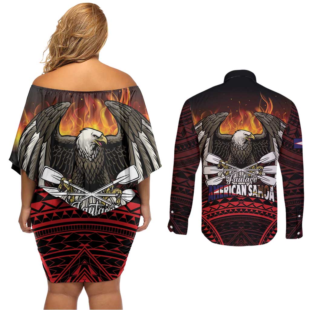 Fautasi Race Day American Samoa Couples Matching Off Shoulder Short Dress and Long Sleeve Button Shirt Bald Eagle Polynesian Tattoo