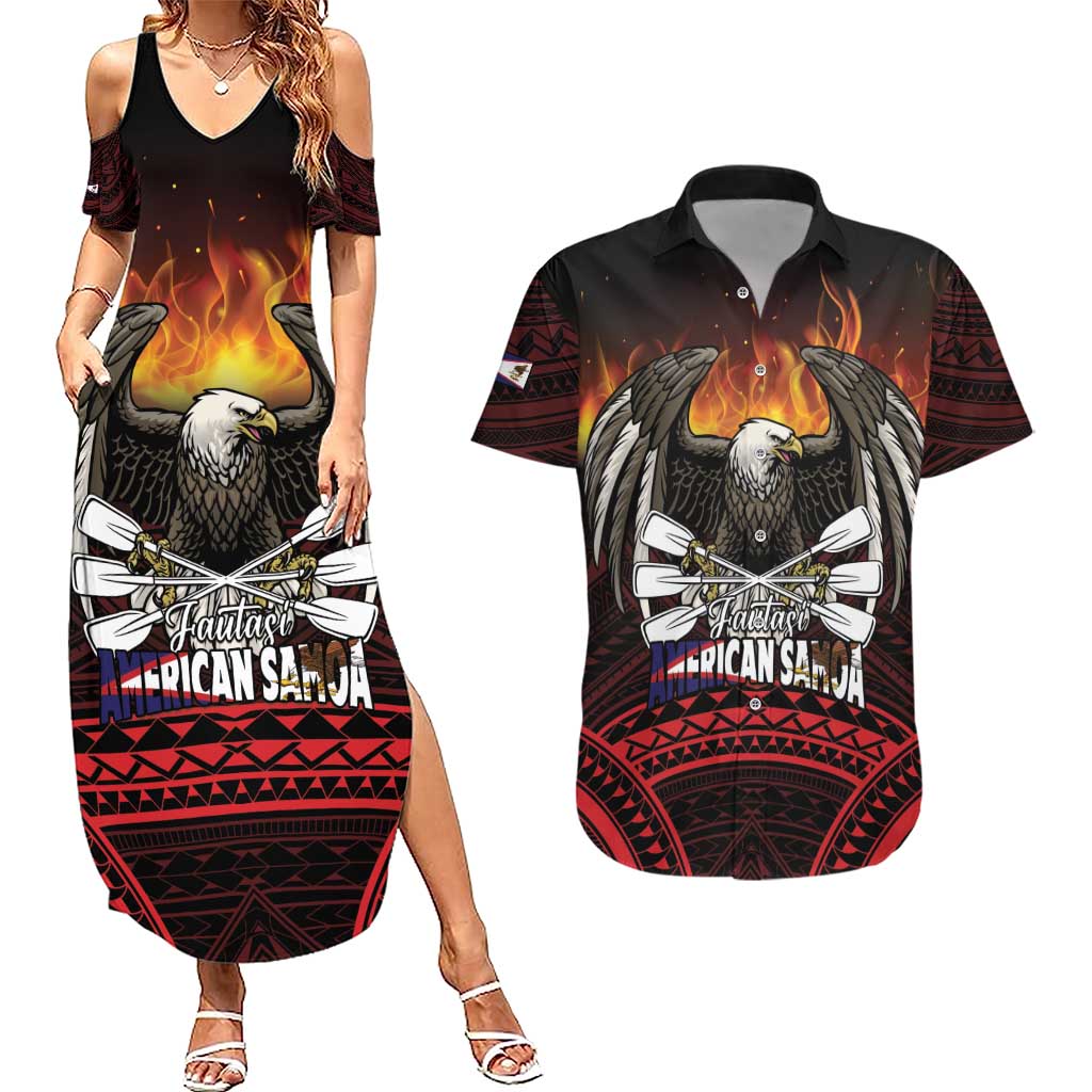 Fautasi Race Day American Samoa Couples Matching Summer Maxi Dress and Hawaiian Shirt Bald Eagle Polynesian Tattoo