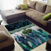 Turquoise Traditional Cloak Aotearoa Area Rug Maori Paua Shell Korowai Pattern