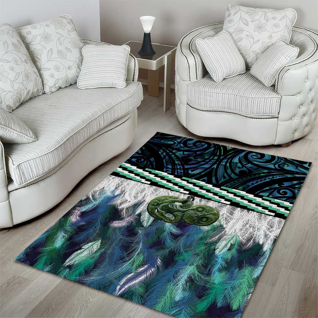 Turquoise Traditional Cloak Aotearoa Area Rug Maori Paua Shell Korowai Pattern