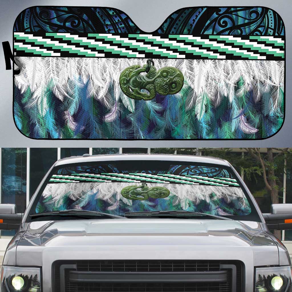 Turquoise Traditional Cloak Aotearoa Auto Sun Shade Maori Paua Shell Korowai Pattern - Polynesian Pride