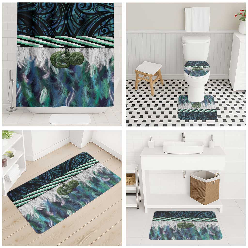 Turquoise Traditional Cloak Aotearoa Bathroom Set Maori Paua Shell Korowai Pattern - Polynesian Pride
