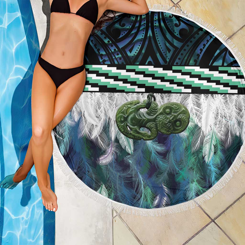 Turquoise Traditional Cloak Aotearoa Beach Blanket Maori Paua Shell Korowai Pattern