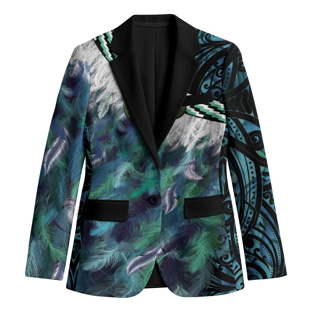 Turquoise Traditional Cloak Aotearoa Blazer Maori Paua Shell Korowai Pattern - Polynesian Pride