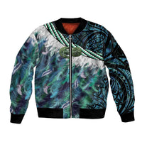 Turquoise Traditional Cloak Aotearoa Bomber Jacket Maori Paua Shell Korowai Pattern