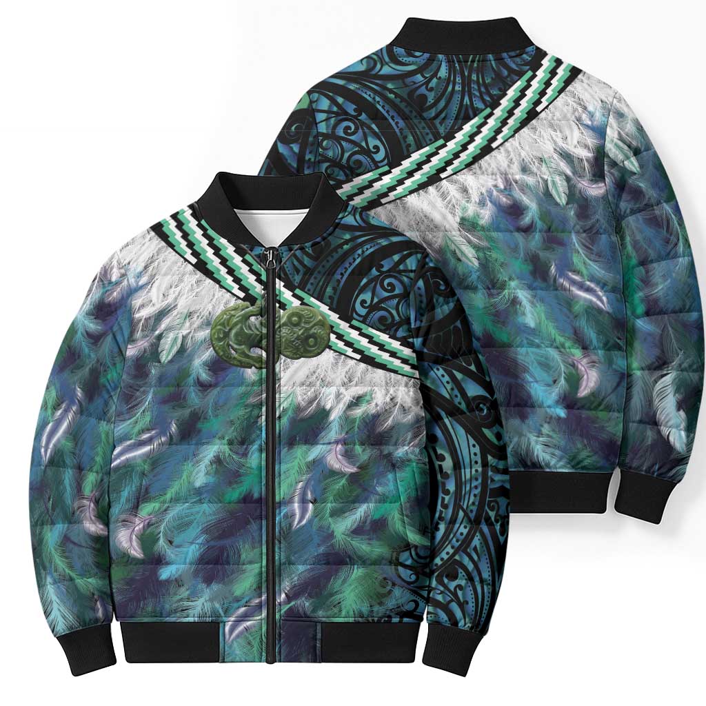 Turquoise Traditional Cloak Aotearoa Bomber Puffer Jacket Maori Paua Shell Korowai Pattern - Polynesian Pride
