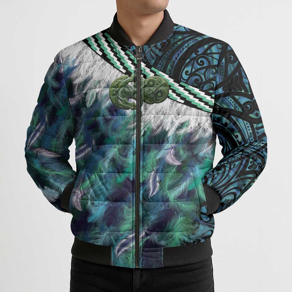 Turquoise Traditional Cloak Aotearoa Bomber Puffer Jacket Maori Paua Shell Korowai Pattern - Polynesian Pride