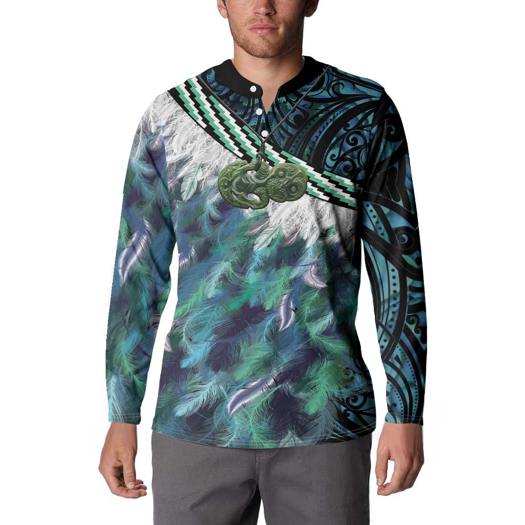 Turquoise Traditional Cloak Aotearoa Button Sweatshirt Maori Paua Shell Korowai Pattern