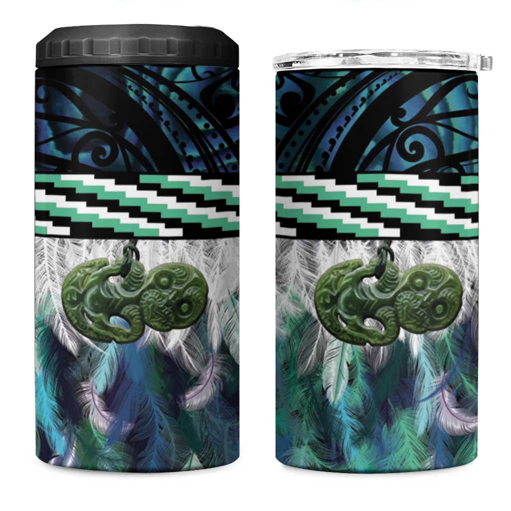 Turquoise Traditional Cloak Aotearoa 4 in 1 Can Cooler Tumbler Maori Paua Shell Korowai Pattern