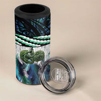 Turquoise Traditional Cloak Aotearoa 4 in 1 Can Cooler Tumbler Maori Paua Shell Korowai Pattern