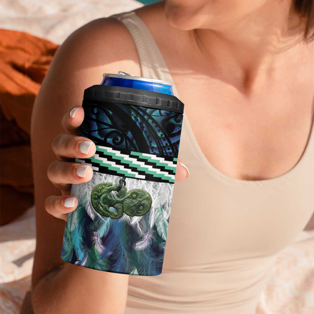 Turquoise Traditional Cloak Aotearoa 4 in 1 Can Cooler Tumbler Maori Paua Shell Korowai Pattern