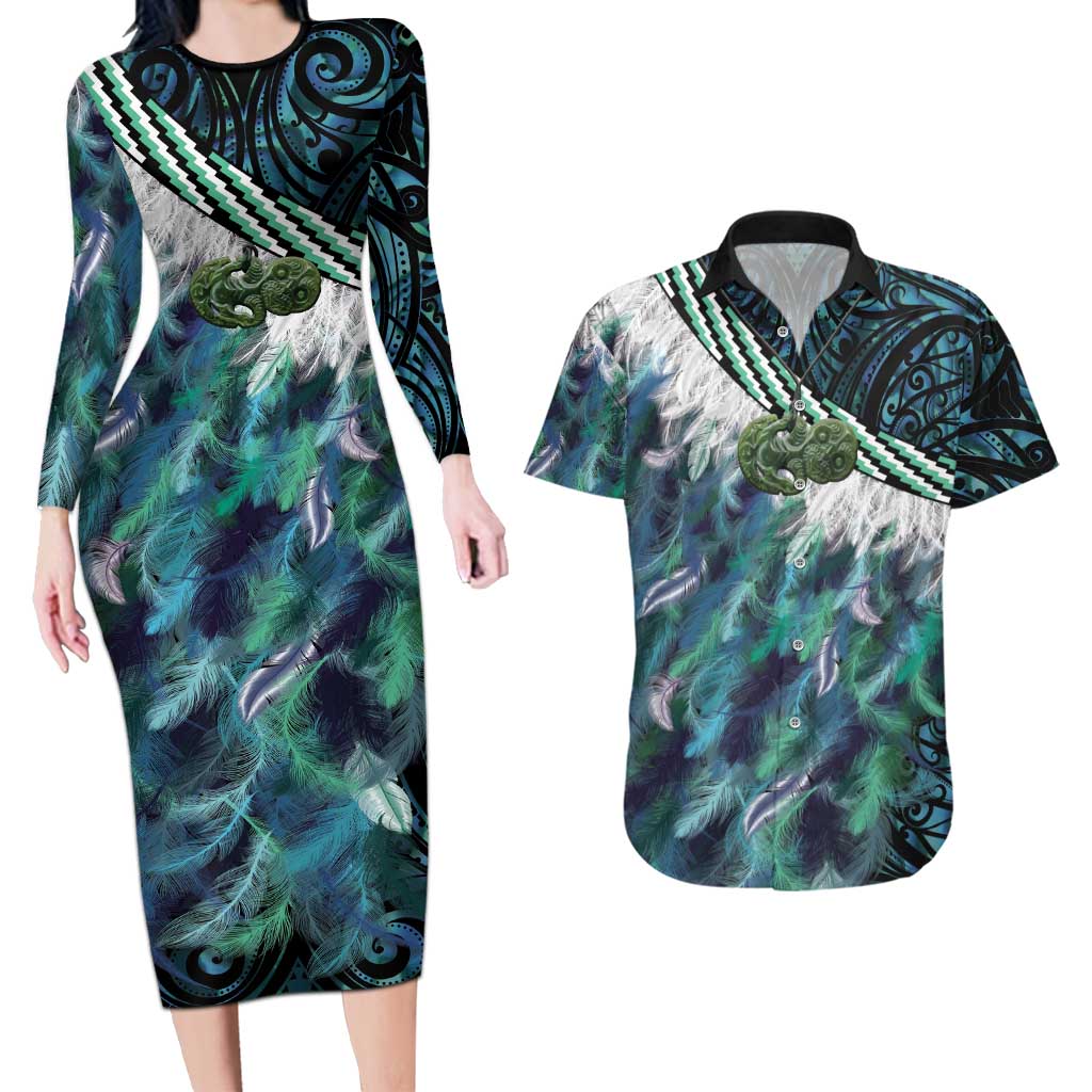 Turquoise Traditional Cloak Aotearoa Couples Matching Long Sleeve Bodycon Dress and Hawaiian Shirt Maori Paua Shell Korowai Pattern