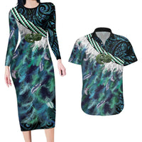 Turquoise Traditional Cloak Aotearoa Couples Matching Long Sleeve Bodycon Dress and Hawaiian Shirt Maori Paua Shell Korowai Pattern