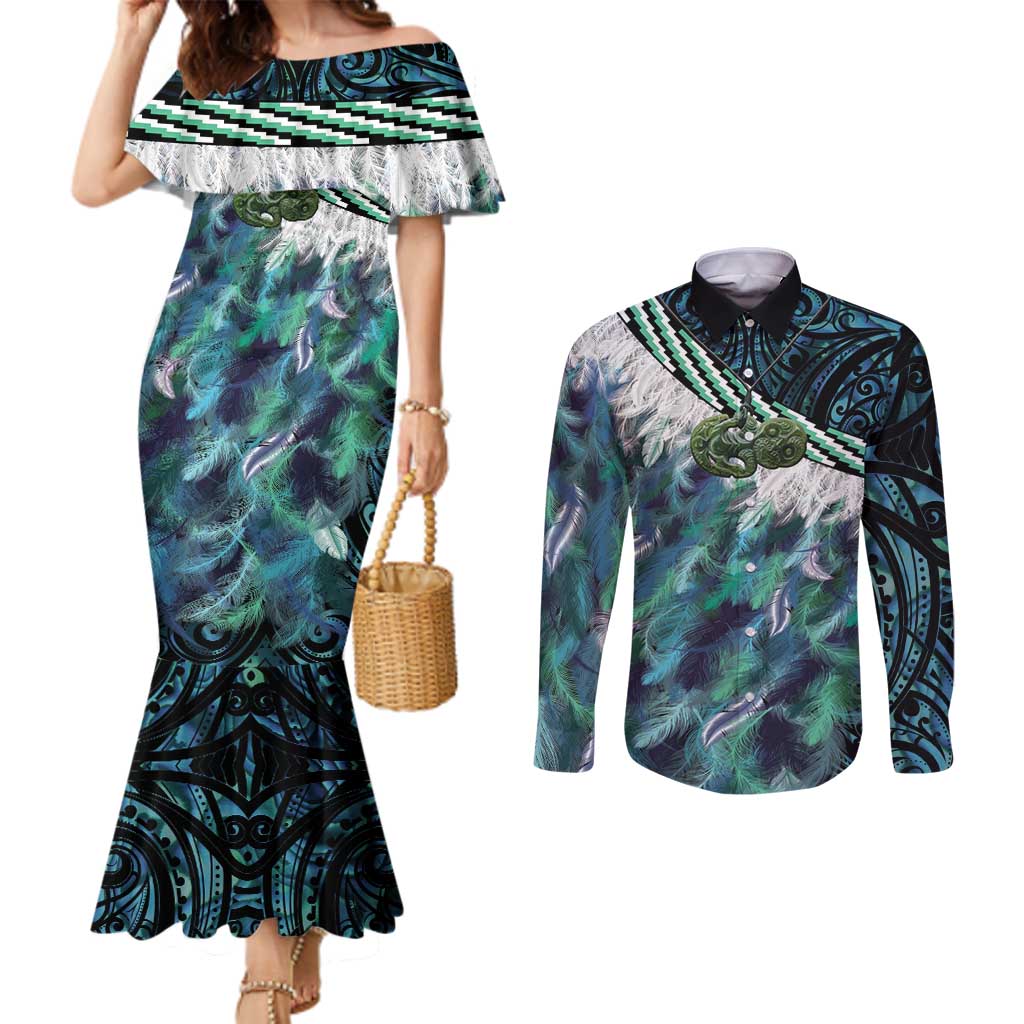 Turquoise Traditional Cloak Aotearoa Couples Matching Mermaid Dress and Long Sleeve Button Shirt Maori Paua Shell Korowai Pattern