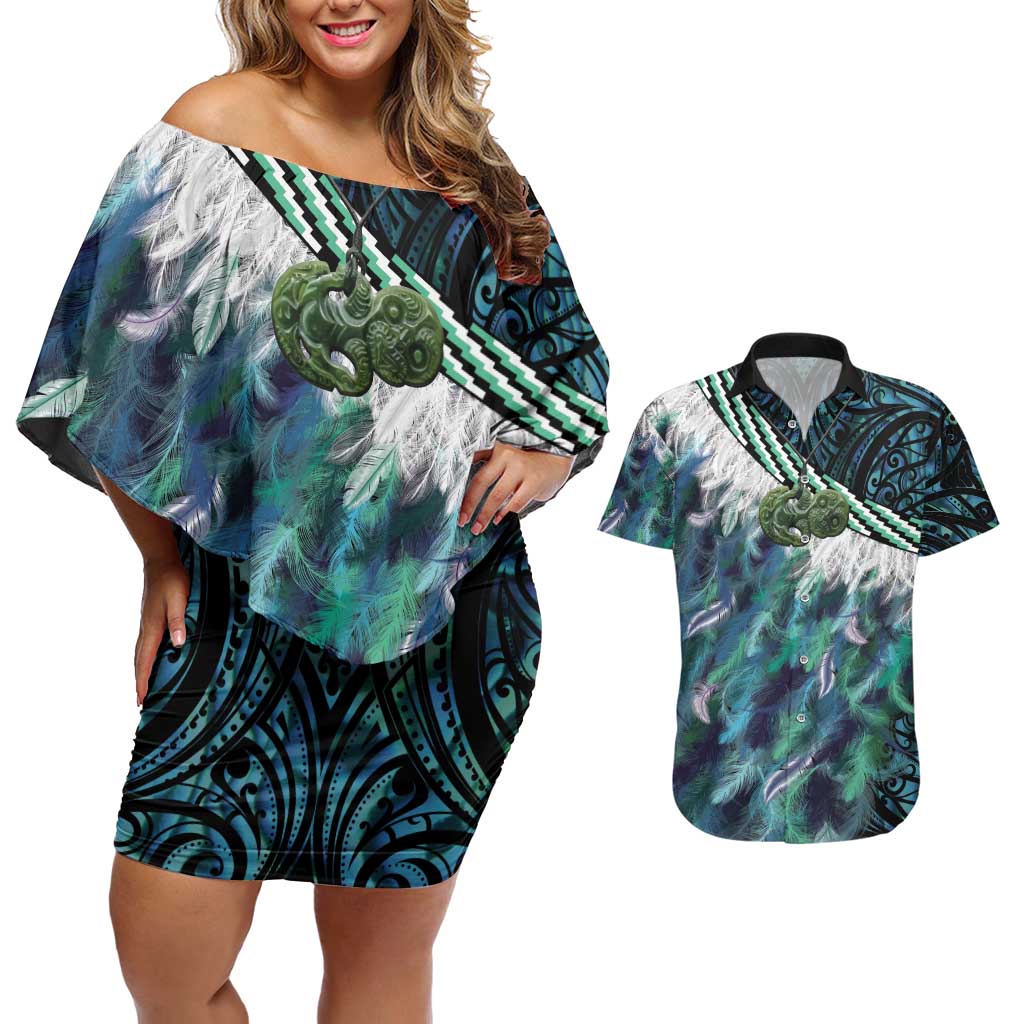 Turquoise Traditional Cloak Aotearoa Couples Matching Off Shoulder Short Dress and Hawaiian Shirt Maori Paua Shell Korowai Pattern