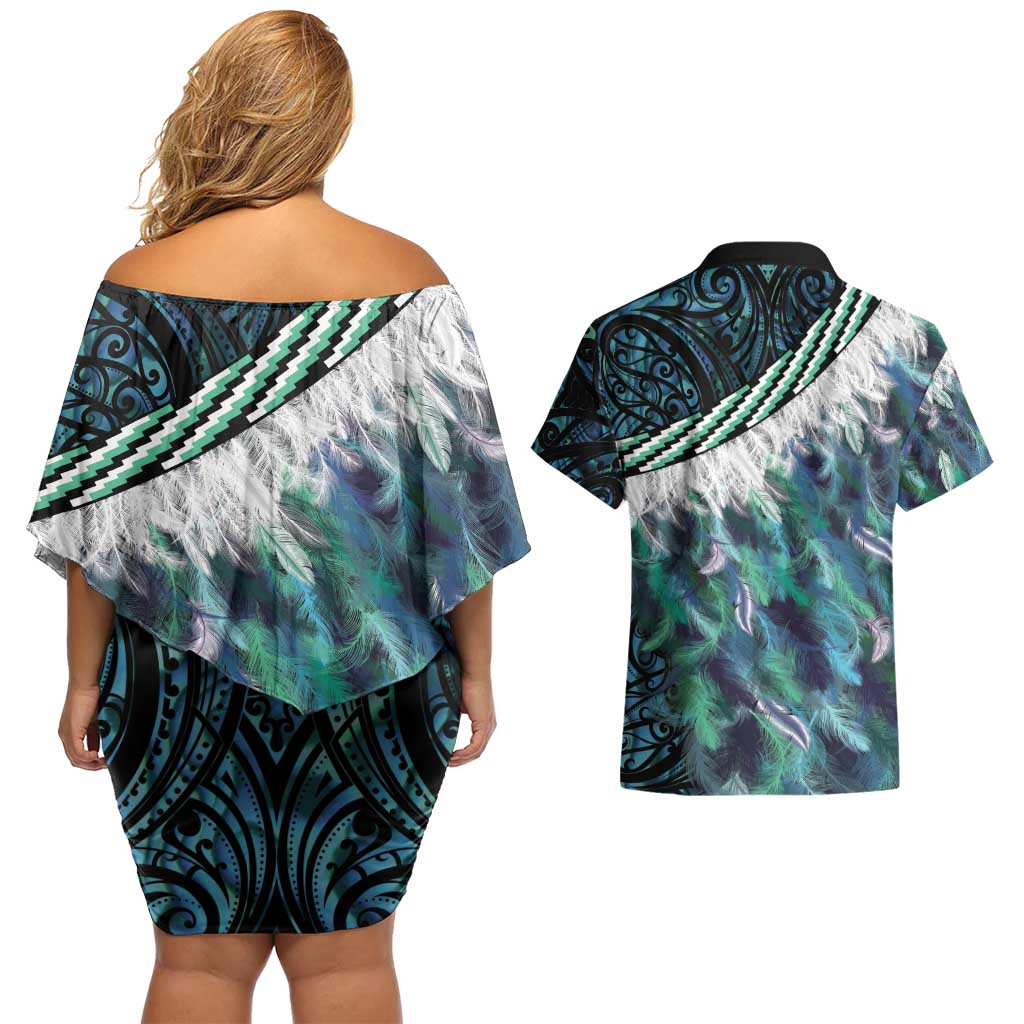 Turquoise Traditional Cloak Aotearoa Couples Matching Off Shoulder Short Dress and Hawaiian Shirt Maori Paua Shell Korowai Pattern