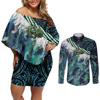 Turquoise Traditional Cloak Aotearoa Couples Matching Off Shoulder Short Dress and Long Sleeve Button Shirt Maori Paua Shell Korowai Pattern LT14 Turquoise - Polynesian Pride