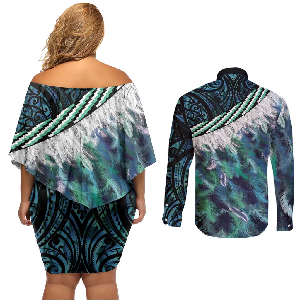 Turquoise Traditional Cloak Aotearoa Couples Matching Off Shoulder Short Dress and Long Sleeve Button Shirt Maori Paua Shell Korowai Pattern LT14 - Polynesian Pride