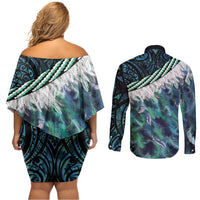 Turquoise Traditional Cloak Aotearoa Couples Matching Off Shoulder Short Dress and Long Sleeve Button Shirt Maori Paua Shell Korowai Pattern LT14 - Polynesian Pride