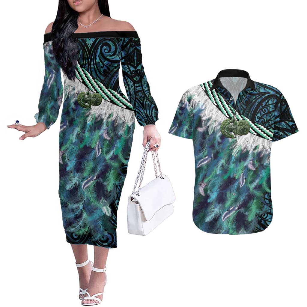 Turquoise Traditional Cloak Aotearoa Couples Matching Off The Shoulder Long Sleeve Dress and Hawaiian Shirt Maori Paua Shell Korowai Pattern