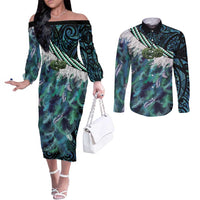 Turquoise Traditional Cloak Aotearoa Couples Matching Off The Shoulder Long Sleeve Dress and Long Sleeve Button Shirt Maori Paua Shell Korowai Pattern LT14 Turquoise - Polynesian Pride