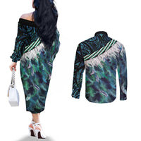 Turquoise Traditional Cloak Aotearoa Couples Matching Off The Shoulder Long Sleeve Dress and Long Sleeve Button Shirt Maori Paua Shell Korowai Pattern LT14 - Polynesian Pride