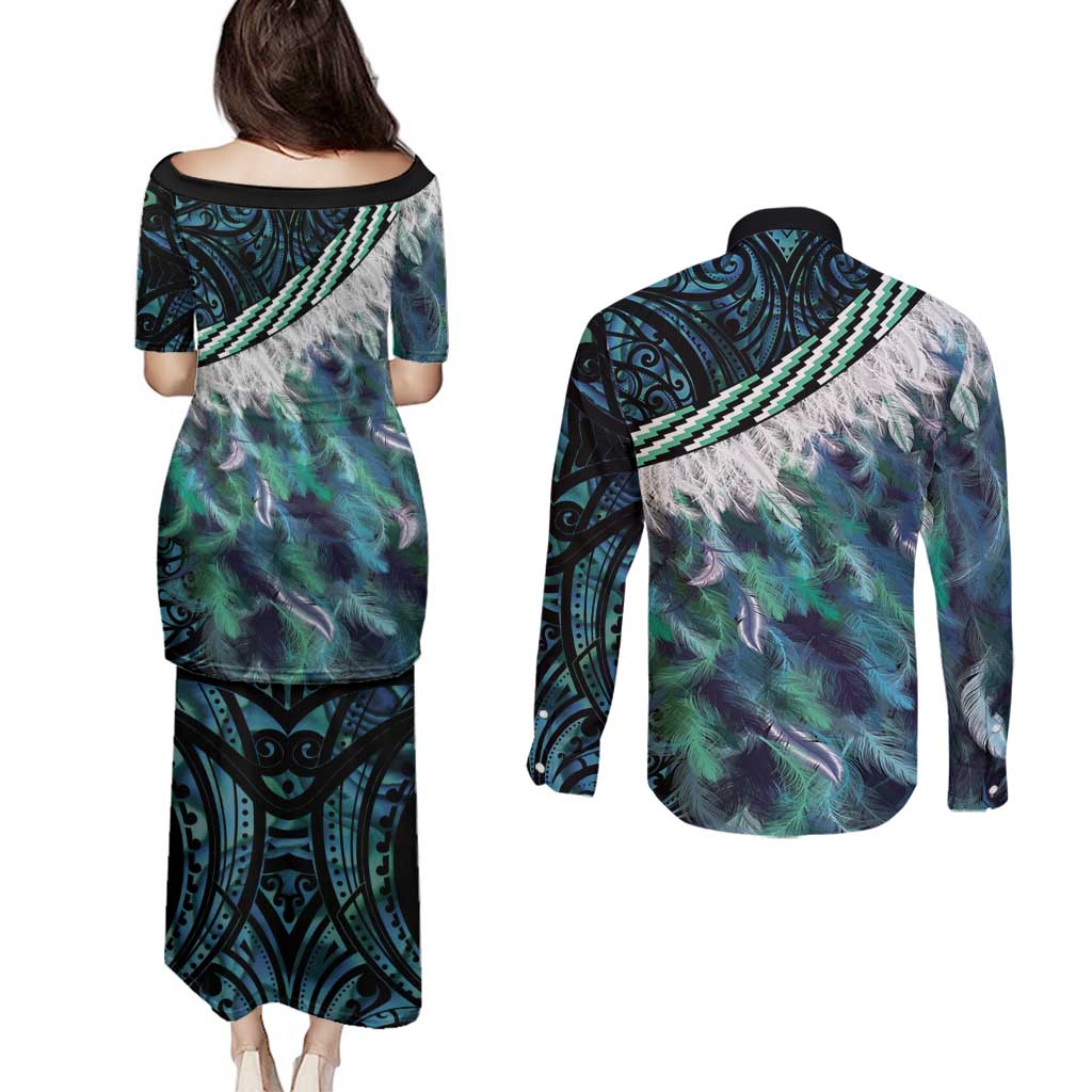 Turquoise Traditional Cloak Aotearoa Couples Matching Puletasi and Long Sleeve Button Shirt Maori Paua Shell Korowai Pattern LT14 - Polynesian Pride
