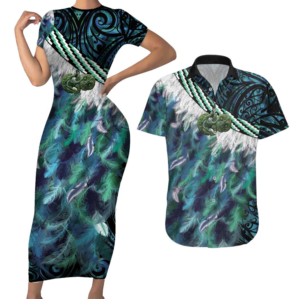 Turquoise Traditional Cloak Aotearoa Couples Matching Short Sleeve Bodycon Dress and Hawaiian Shirt Maori Paua Shell Korowai Pattern