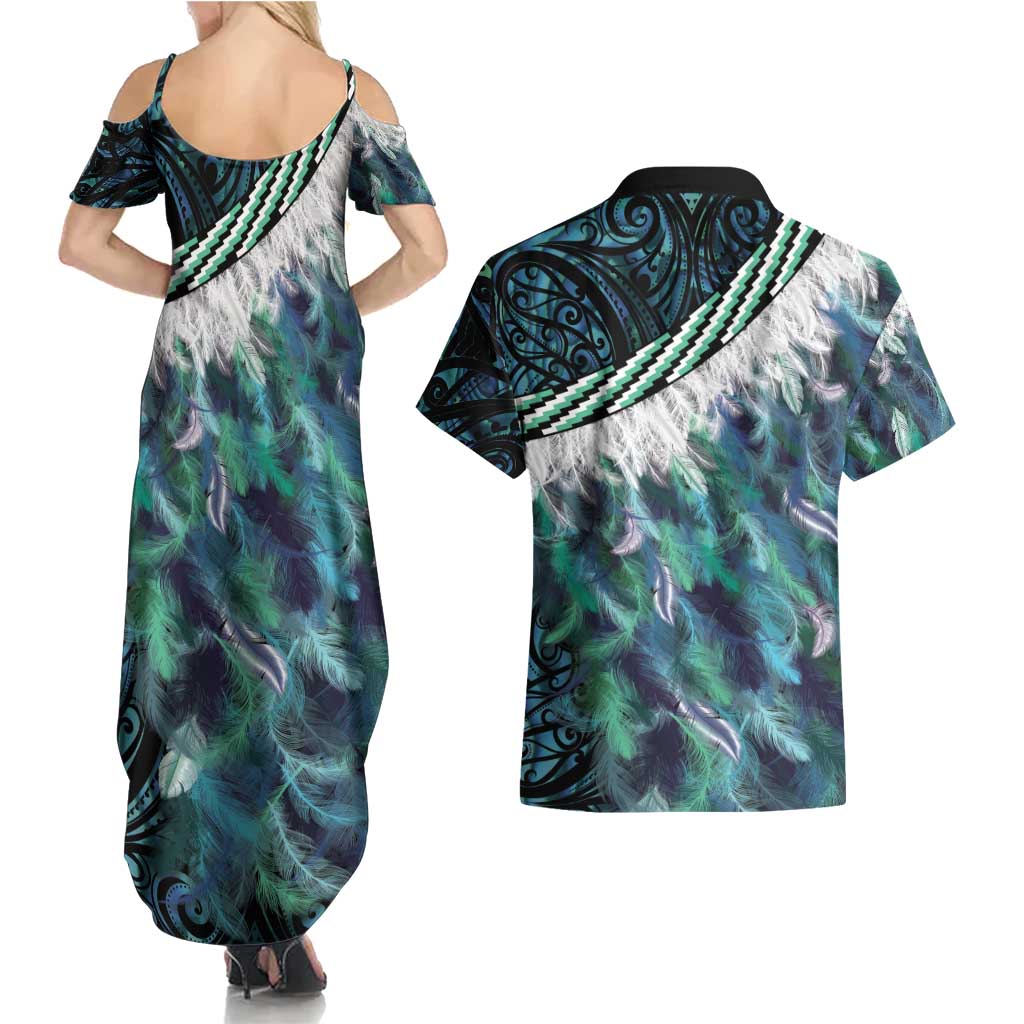 Turquoise Traditional Cloak Aotearoa Couples Matching Summer Maxi Dress and Hawaiian Shirt Maori Paua Shell Korowai Pattern