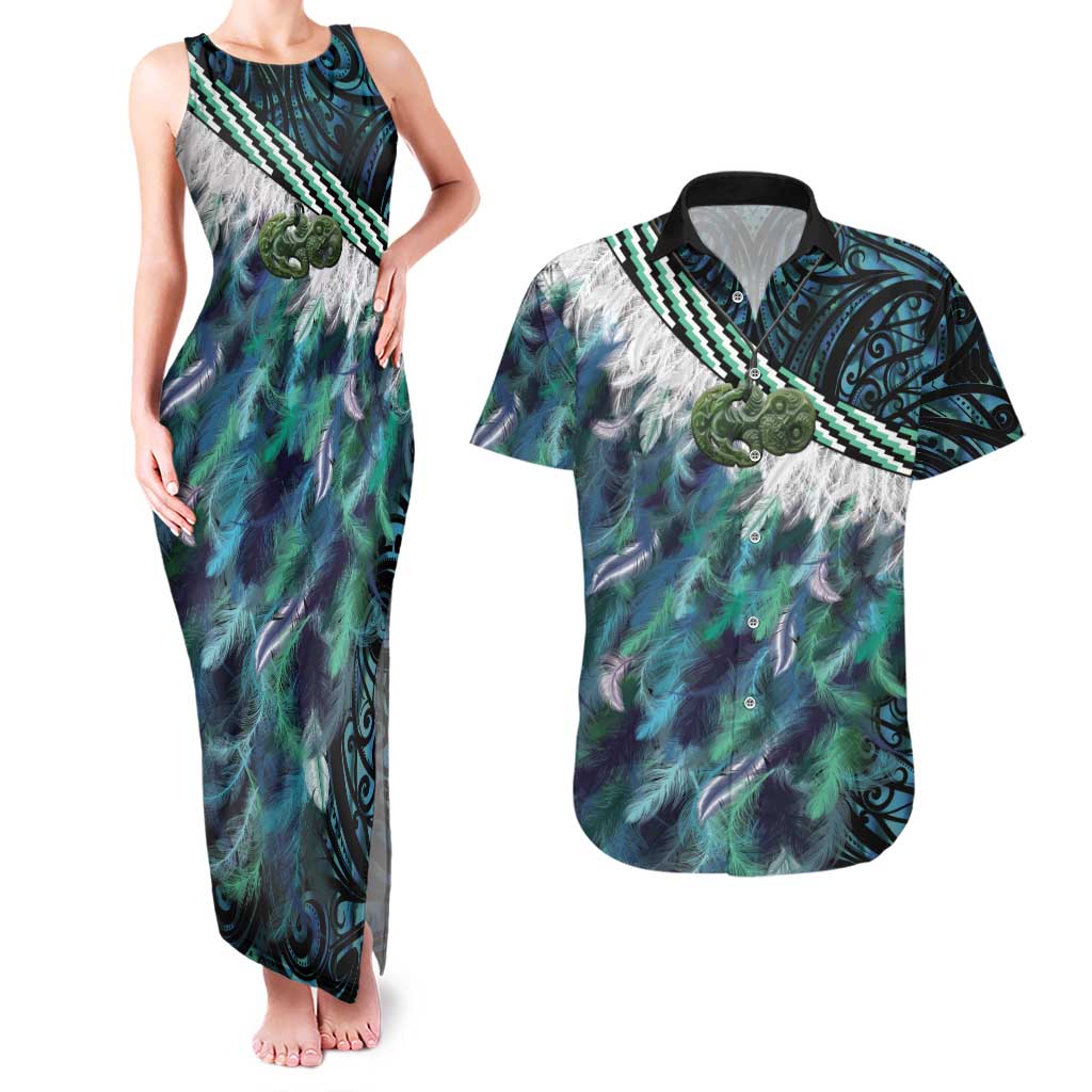 Turquoise Traditional Cloak Aotearoa Couples Matching Tank Maxi Dress and Hawaiian Shirt Maori Paua Shell Korowai Pattern