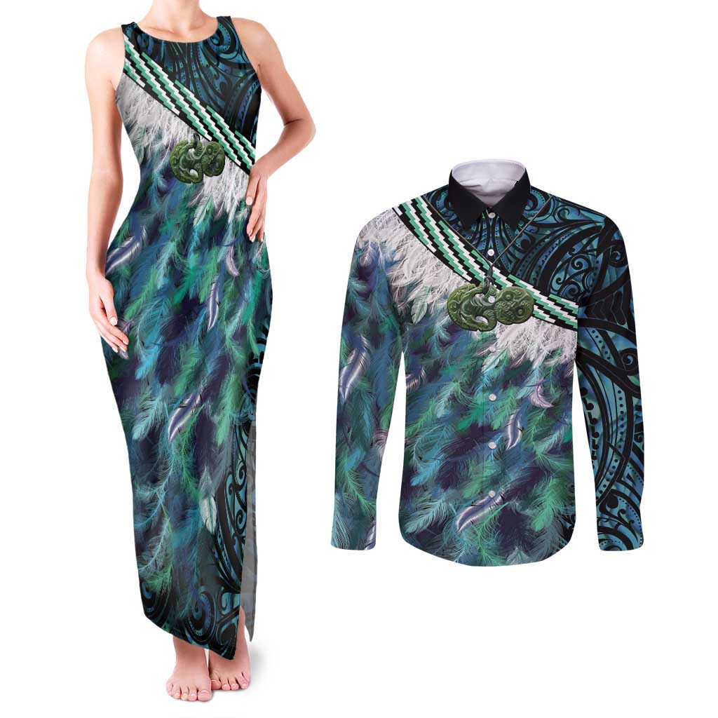 Turquoise Traditional Cloak Aotearoa Couples Matching Tank Maxi Dress and Long Sleeve Button Shirt Maori Paua Shell Korowai Pattern