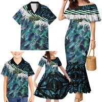 Turquoise Traditional Cloak Aotearoa Family Matching Mermaid Dress and Hawaiian Shirt Maori Paua Shell Korowai Pattern