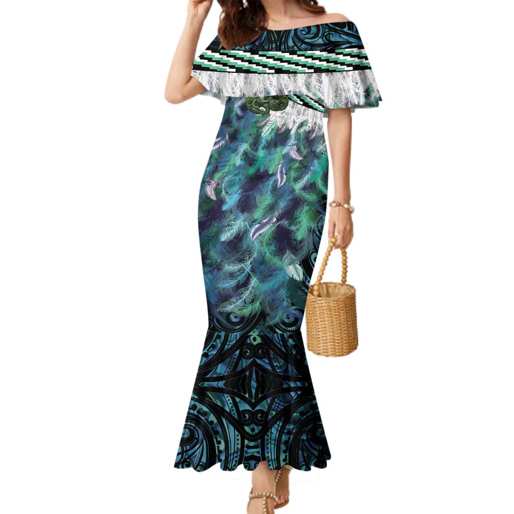 Turquoise Traditional Cloak Aotearoa Family Matching Mermaid Dress and Hawaiian Shirt Maori Paua Shell Korowai Pattern