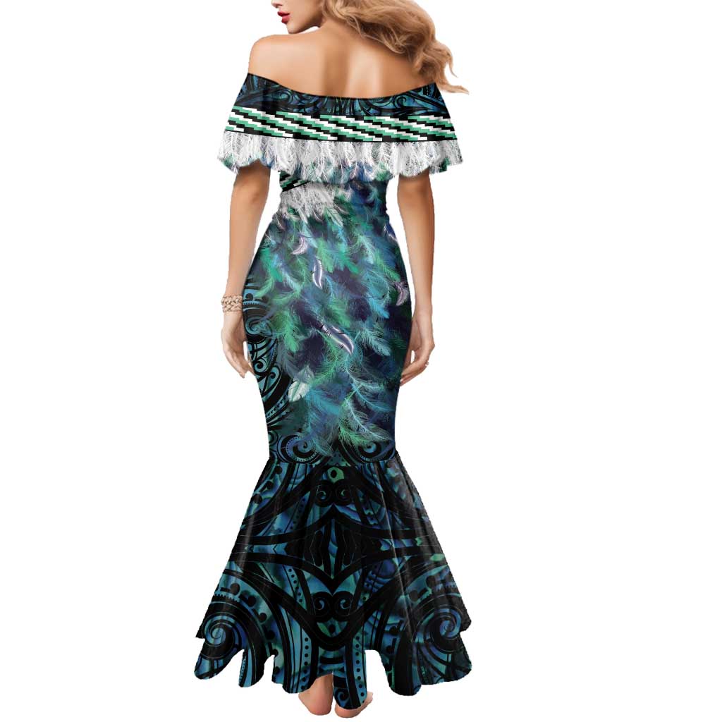 Turquoise Traditional Cloak Aotearoa Family Matching Mermaid Dress and Hawaiian Shirt Maori Paua Shell Korowai Pattern