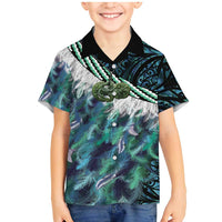 Turquoise Traditional Cloak Aotearoa Family Matching Mermaid Dress and Hawaiian Shirt Maori Paua Shell Korowai Pattern
